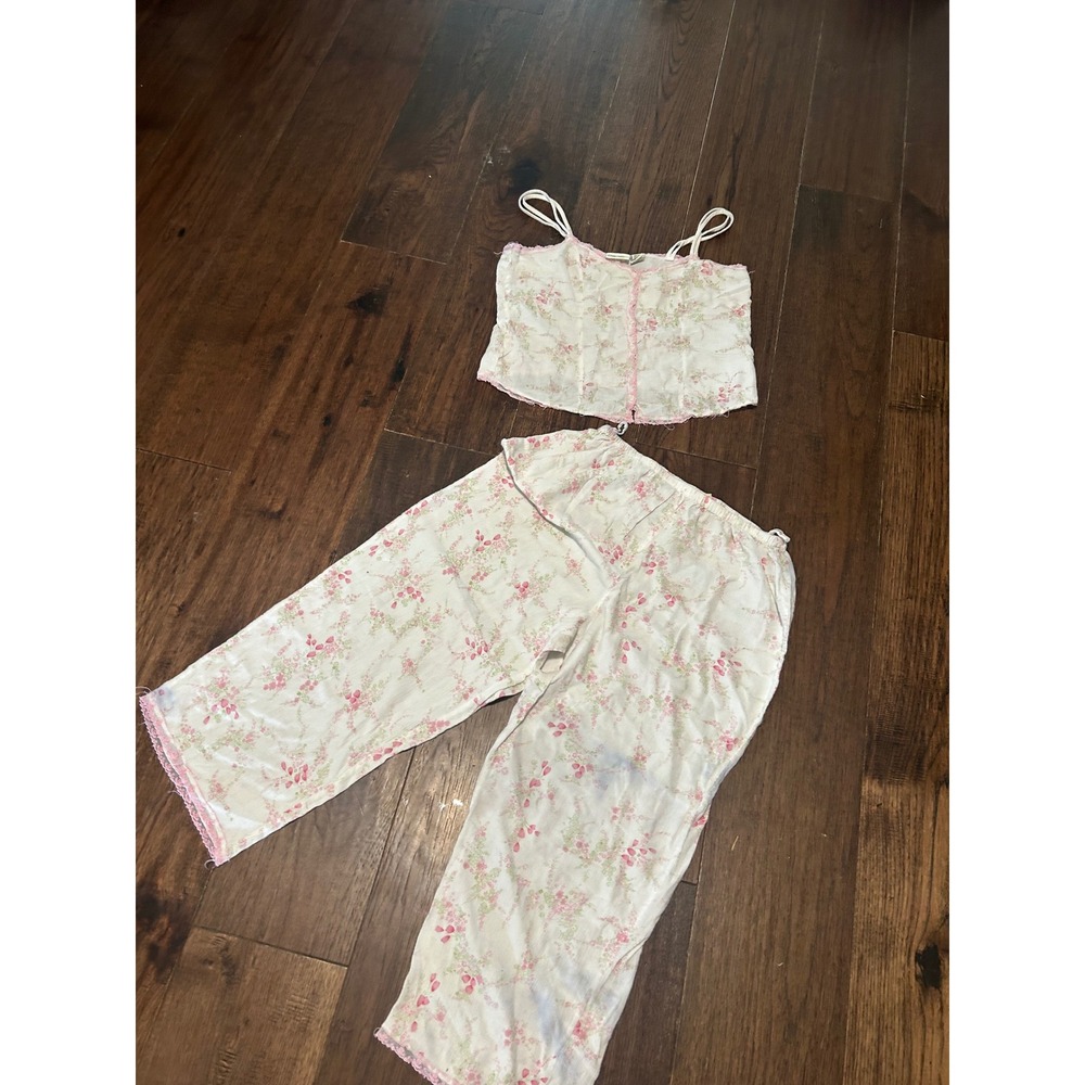 Cherokee Vintage Floral Cotton Pajama Set Pink White Lace Trim Camisole Pants S